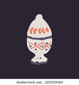 Ceramic egg cup, holder. Handmade ceramics, pottery painted with ornament in rustic country style. Hand-made edgy kitchenware, tableware, crockery with enamel. Isolated flat vector illustration