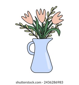 Ceramic or enamel jug with tulip bouquet, home interior design element, vector