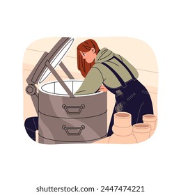 Ceramic firing in modern pottery workshop. Potter puts clay pot, gets crockery into electric kiln. Ceramist creates, making handmade crocks. Flat isolated vector illustration on white background