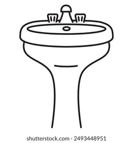 Ceramic fitments for bath. Washbasin outline vector illustration.Sink for washing hands.White bathroom sink with faucet.Isolated on white background.