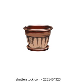 Ceramic flower pot with saucer, hand drawn colorful sketch style vector illustration isolated on white background. Ceramic pot for indoor plants and home herbs garden.