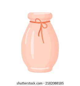 Ceramic flower vase with rope decorations. Isolated illustration on a white background. Cartoon style. Vector.