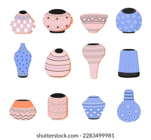 Cubetas de flores cerámicas con adornos vectoriales. Las macetas de flores vacías en un estilo dibujado a mano. Colección de cerámica de arcilla para plantas domésticas. Terracota, planchas de cerámica para decoración interior o de jardín