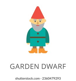 Ceramic garden gnome or dwarf flat vector icon. Cartoon drawing or illustration of garden decoration on white background. Gardening, agriculture or farming concept