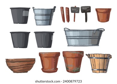 Ceramic garden pots. Vector color sketch of gardening tools on a white background.