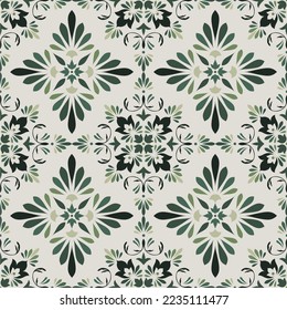 Motif de feuilles vertes en céramique harmonieux image vectorielle. Joli style damassé pour la conception d'arrière-plan