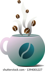 Ceramic green mug with coffee. Stylization of evaporation of the drink in the form of coffee beans.