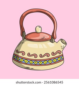 Ceramic hot water kettle with embossed ethnic motifs