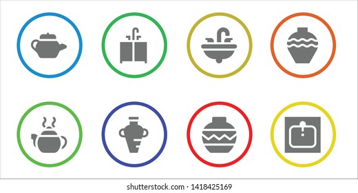 ceramic icon set. 8 filled ceramic icons.  Collection Of - Tea pot, Sink, Amphora, Vase, Pottery