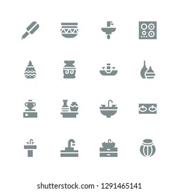 ceramic icon set. Collection of 16 filled ceramic icons included Pottery, Sink, Vase, Burner, Hair straightener