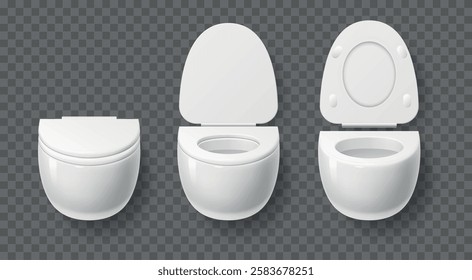 Ceramic indoor and outdoor toilet bowl. Realistic isolated on transparent background elements. Lavatory bathroom ceramic bowls with open and closed lid. Cloakroom or restroom vector concept