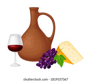 Ceramic Jar with Wine and Cheese Slab as Georgia Country Attribute Vector Illustration