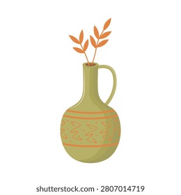 Ceramic jug with dried leaves vector illustration. Olive green clay vase with ancient ornament. Boho home decoration.