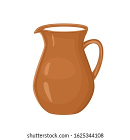 Ceramic jug full of milk Isolated on white background. Vector illustration of brown clay pitcher with fresh dairy drink in cartoon flat style.