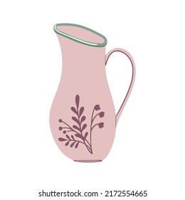 Ceramic jug with herbal ornament.  Capacity for drink. Handmade pitcher. Vector illustration isolated on white background.