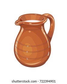 Ceramic jug with milk. Fictile tableware. Capacity for drink. Isolated white background. Vector illustration.