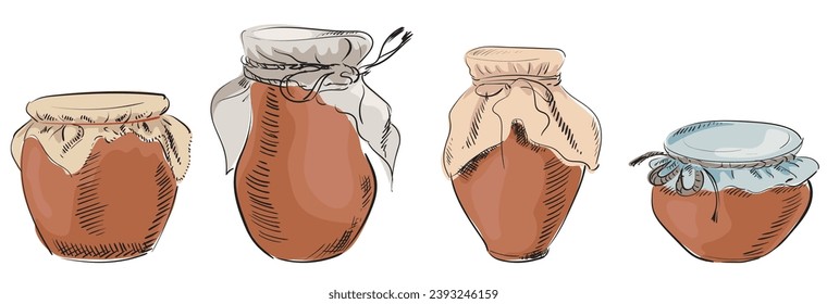 Ceramic jug with milk sour cream yogurt covered with a clean cloth. Country farm natural product. Drink container. Vector illustration.