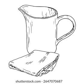 Ceramic jug for water or milk and a folded towel, a sketch in black and white ink. Vector illustration. Decanter with handle for the bathroom, insulated on a white background. For postcards, printing