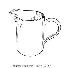 Ceramic jug for water or milk, sketch in black and white ink. Vector illustration. Decanter with a handle for bathroom, insulated on white background. Theme is cuisine, cooking, cafes and restaurants
