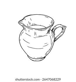Ceramic jug for water or milk, sketch in black and white ink. Vector illustration. Decanter with a handle for bathroom, insulated on white background. Theme is cuisine, cooking, cafes and restaurants