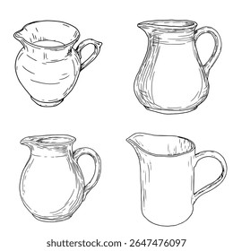 Ceramic jug for water or milk, sketch in black and white ink. Vector illustration. A decanter with a handle for the bathroom. A set of household utensils, isolated on a white background.