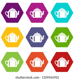 Ceramic kettle icons 9 set coloful isolated on white for web