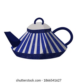 Ceramic kettle for tea. Retro style teapot. Colored cute pottery isolated on white background. Kitchen crockery item. Hand drawn flat illustration