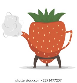 Ceramic kettle or teapot in the form of a large red strawberry. With smoke. Flat illustration
