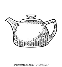 Ceramic kettle. Vector vintage engraving illustration for label, poster, web. Isolated on white background.