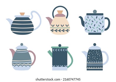 Ceramic kitchen teacup collection patterned, kitchen utensils. Teacup ceramic for kitchen, illustration of tea utensil cartoon pot vector