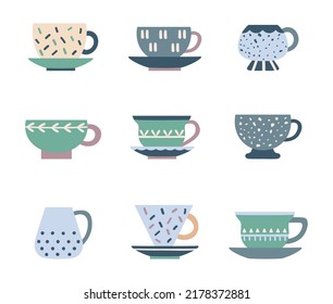 Ceramic kitchen teacup with cute decorative design. Porcelain tea service, mugs and saucer for drinking tea or coffee. China classic crockery isolated vector set. Morning beverage tableware