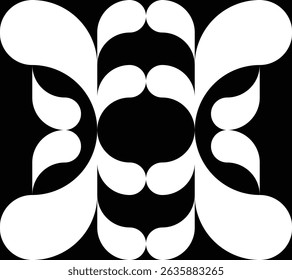 Ceramic kitchen or washroom wall tiles. Monochrome symmetrical leaf ornament. Black and white abstract graphic seamless pattern. Square organic tribal decor. Vector background