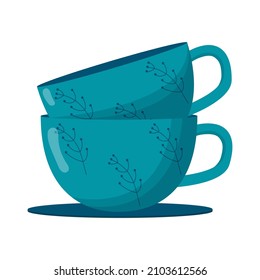 Ceramic kitchenware. Cute handmade ceramic mugs. Kitchen tools, pottery. Flat vector illustration