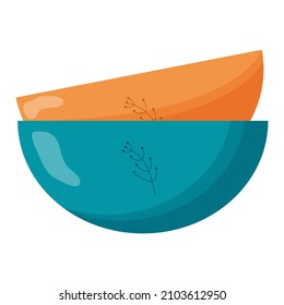 Ceramic kitchenware. Cute handmade ceramic plates. Kitchen tools, pottery. Flat vector illustration