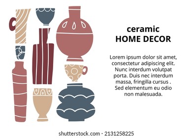 Ceramic kitchenware hand drawn vector illustration. Home decor advertisement design with handmade plates, jugs, bowls with decorative hand painted ornaments.