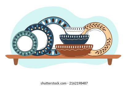 Ceramic kitchenware on shelves. Handmade tableware for decoration design. Dinnerware and kitchen utensils collection hand drawn vector illustration