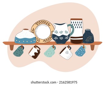 Artículos de cocina de cerámica en estanterías. Vajilla hecha a mano para el diseño de la decoración. Dinnerware y utensilios de cocina ilustración vectorial dibujada a mano