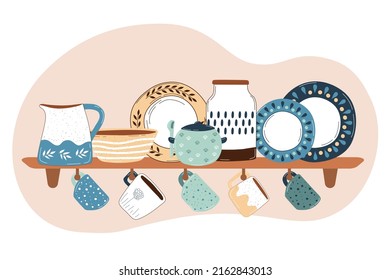 Ceramic kitchenware on shelves. Handmade tableware for decoration design. Dinnerware and kitchen utensils collection hand drawn vector illustration