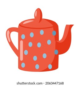 Ceramic kitchenware  red teapot with blue polka dots Cartoon vector illustration on white background.