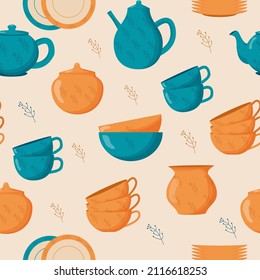 Ceramic kitchenware seamless pattern. Cute handmade ceramic plates, mugs, sugar bowl, teapots, dishes. Kitchen tools, pottery