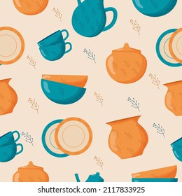 Ceramic kitchenware seamless pattern. Cute handmade ceramic plates, mugs, sugar bowl, teapots, dishes. Kitchen tools, pottery