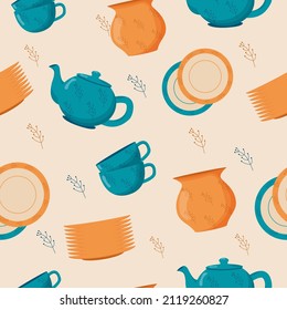 Ceramic kitchenware seamless pattern. Cute handmade ceramic plates, mugs, sugar bowl, teapots, dishes. Kitchen tools, pottery