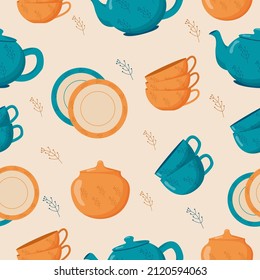 Ceramic kitchenware seamless pattern. Cute handmade ceramic plates, mugs, sugar bowl, teapots, dishes. Kitchen tools, pottery