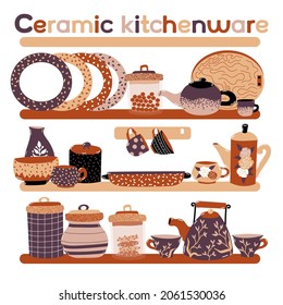 Ceramic Kitchenware. Set of dishes on the shelves. Cups, teapots, plates, storage jars, wooden cutting board, baking dish. Pottery. Tableware shop showcase
