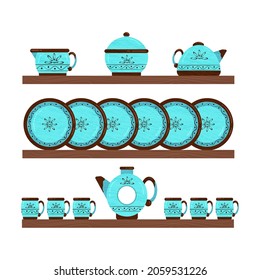 Ceramic kitchenware set. Utensils on wooden shelves. Vector illustration.