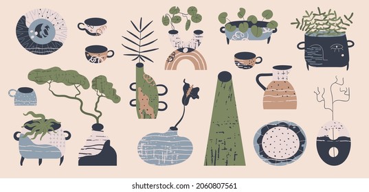 Ceramic kitchenware set. Vases, jugs with indoor ornamental plants and bouquets. Vector texture