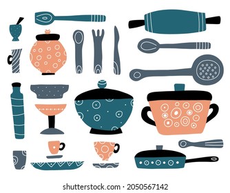 Ceramic kitchenware and utensils hand drawn collection. Vector illustrations of tableware and dinnerware in modern hand drawn style isolated on the white background.