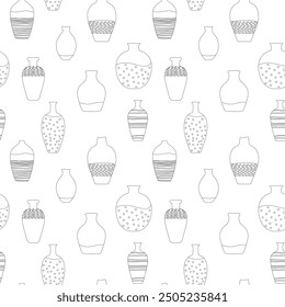 Ceramic linear vessels, vases and jugs on a white background. Vector hand drawn seamless pattern for ceramic studio design.