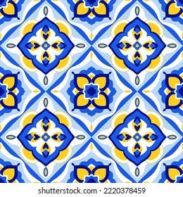 Patrón de azulejos de málica cerámica, decoración de azulejos. Parchwork siciliano, talavera mexicana, diseño portugués de ornamentos de cerámica en color azul y amarillo. Mediterráneo italiano, arte español para el suelo, cocina