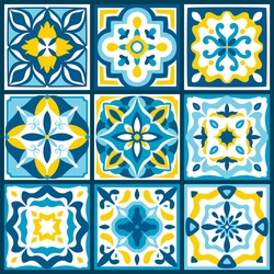 Ceramic Majolica Tile Pattern. Sicily , Mexican Talavera, Portuguese Azulejo Decor. Mediterranean Italian, Spanish Art For Floor, Kitchen, Textile. Design Of Pottery Ornaments In Blue And Yellow Color